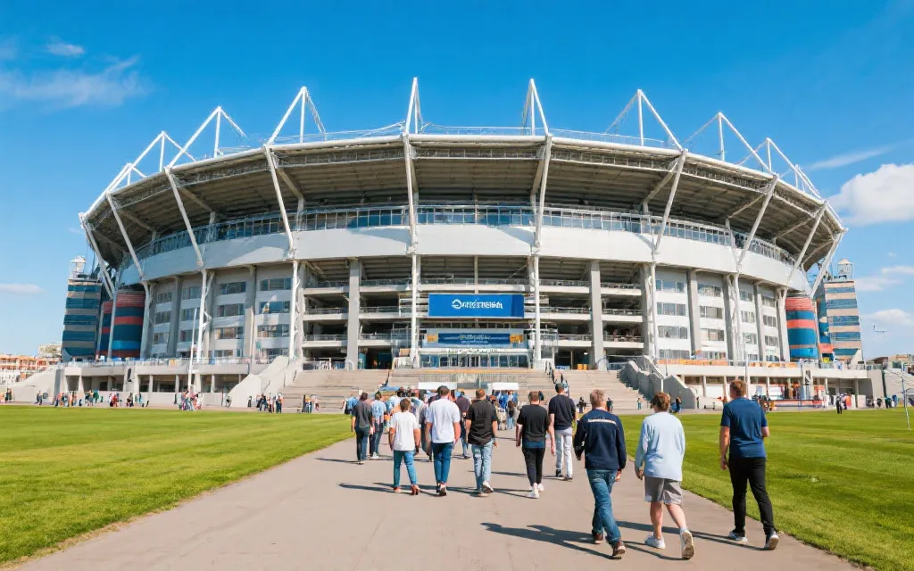 白天视角的大型足球场外观与人群流动，旅行纪实风