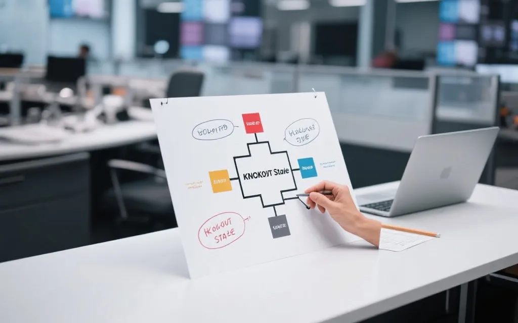 淘汰赛对阵树可视化，手写批注与赛果对照，干净的编辑部桌面